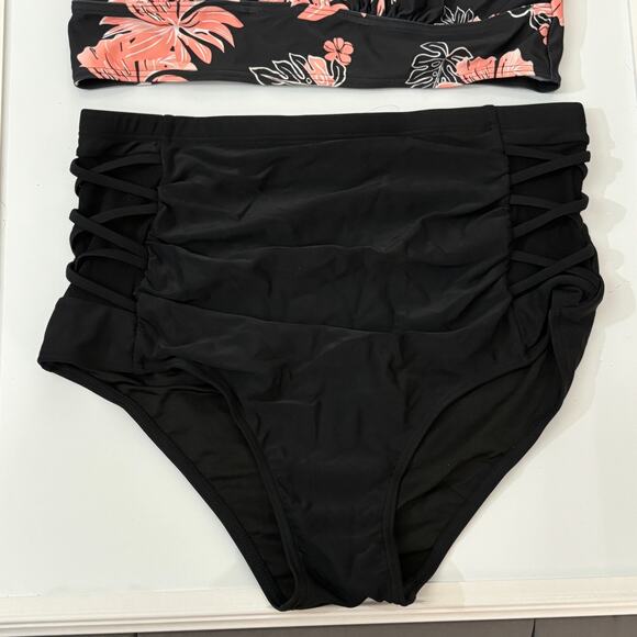 Yonique Black Coral Floral High Waisted Plus Size Bikini Swimwear NWT Size 12W - Picture 6 of 11